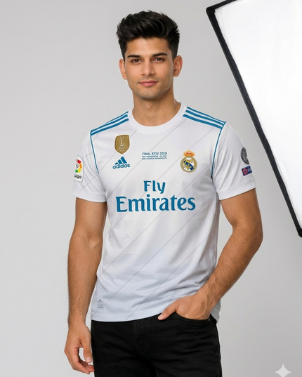 Real Madrid White Football Jersey 2018 Final Edition – Embroidered Logo Premium Men’s Sports T-Shirt