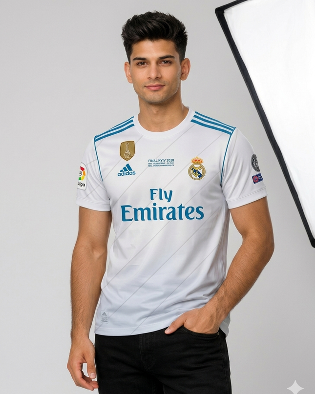 Real Madrid White Football Jersey 2018 Final Edition – Embroidered Logo Premium Men’s Sports T-Shirt