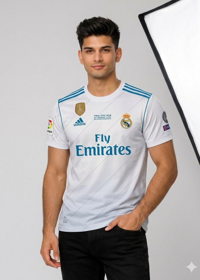 Real Madrid White Football Jersey 2018 Final Edition – Embroidered Logo Premium Men’s Sports T-Shirt